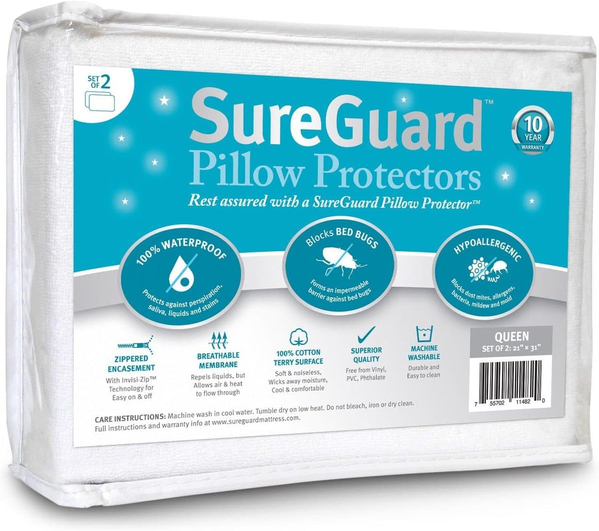 SureGuard waterproof Queen pillow protectors pair