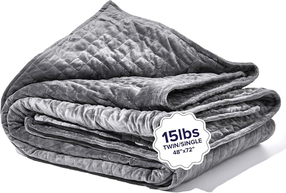 Gravity 15 lb grey weighted blanket, 48 by 72 inches, folded